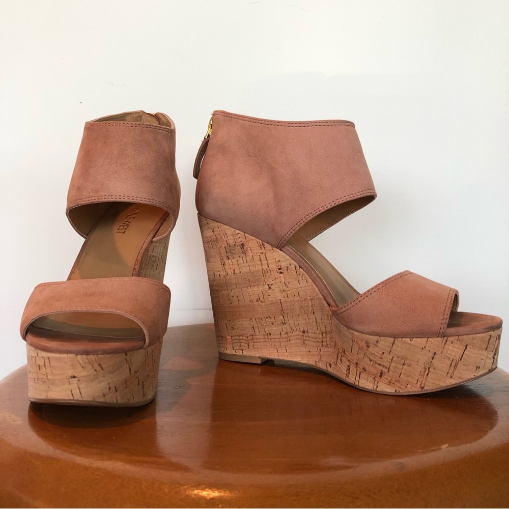 Nine West Caswell Tan Leather Cork Heeled Open Toe Wedges